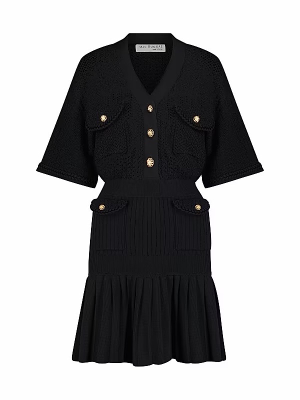 Mac Duggal K10042 Black Crochet Knit Gold Button Mini Dress NWT